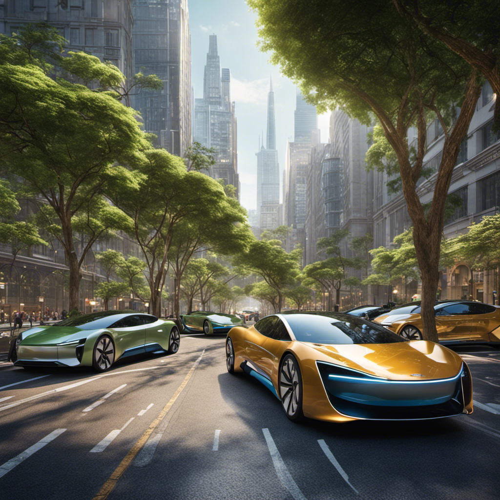 An image showcasing a bustling city street filled with sleek electric cars gliding silently, surrounded by lush greenery