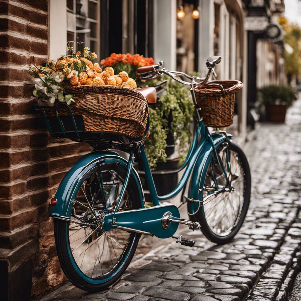 An image capturing the allure of vintage electric bikes, showcasing a charming cobblestone street lined with quaint cafes and restored bicycles adorned with woven baskets, gleaming chrome accents, and retro-inspired color schemes