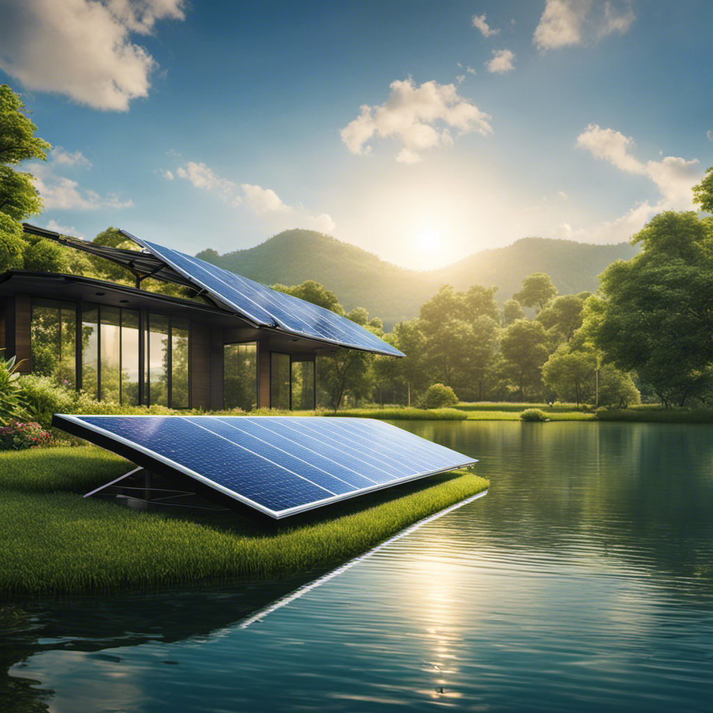 An image showcasing a serene lake with floating solar panels gracefully reflecting the sunlight, surrounded by lush greenery