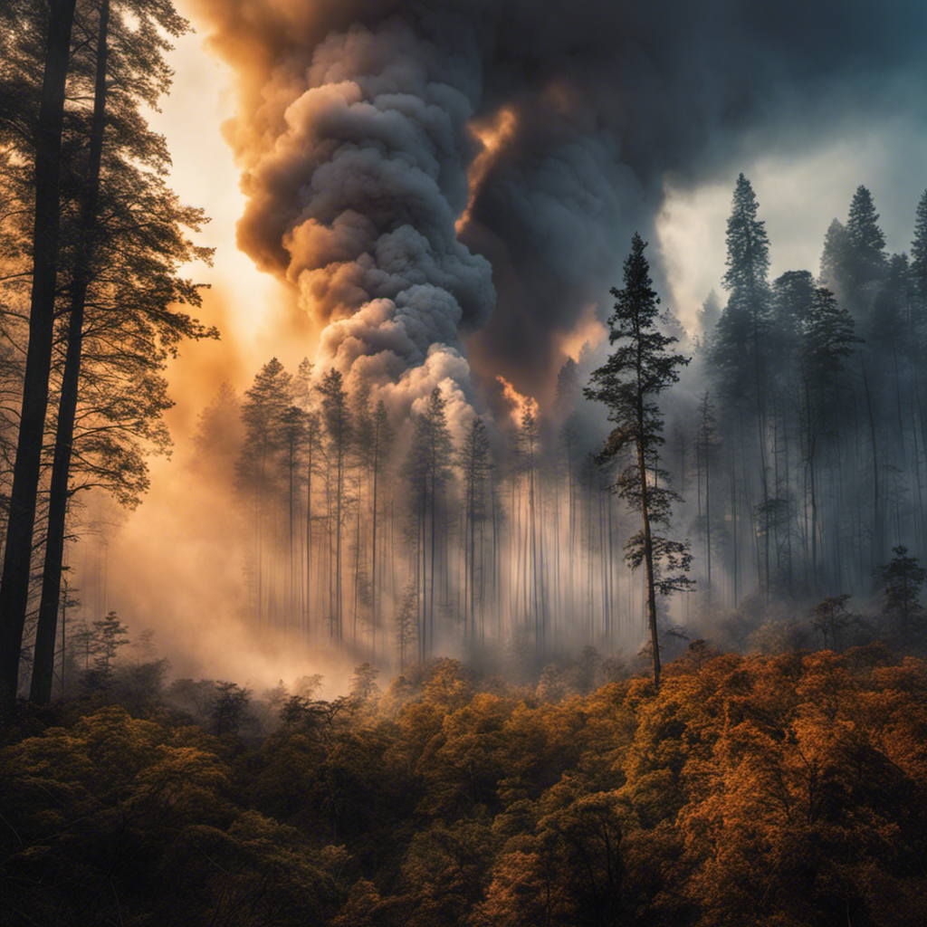 An image that vividly portrays the detrimental effects of biomass burning, with billowing plumes of thick smoke engulfing a lush forest, suffocating wildlife, and polluting the air, leaving an eerie haze