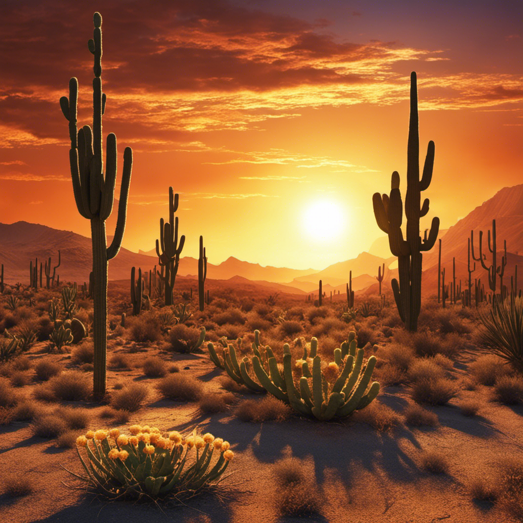 An image of a scorching desert landscape with cracked, parched earth, wilting cacti, and a blazing sun directly overhead, symbolizing the detrimental effects of intensifying solar radiation on the environment