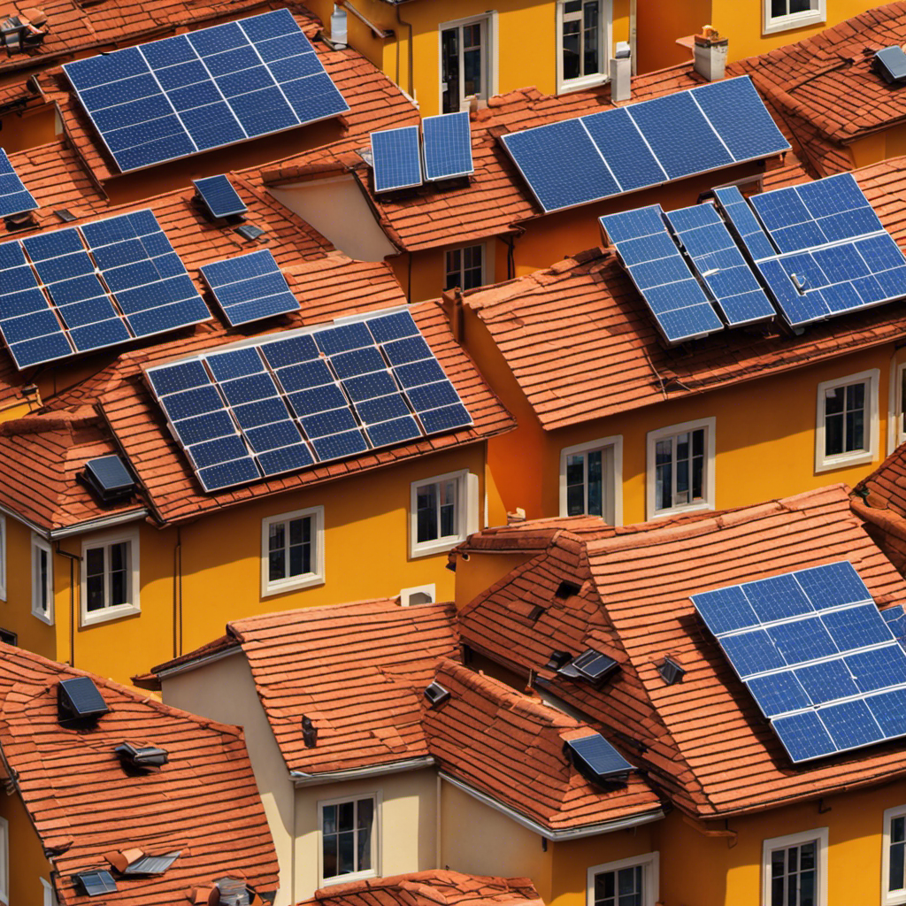 An image showcasing a sunny rooftop with solar panels, surrounded by traditional houses