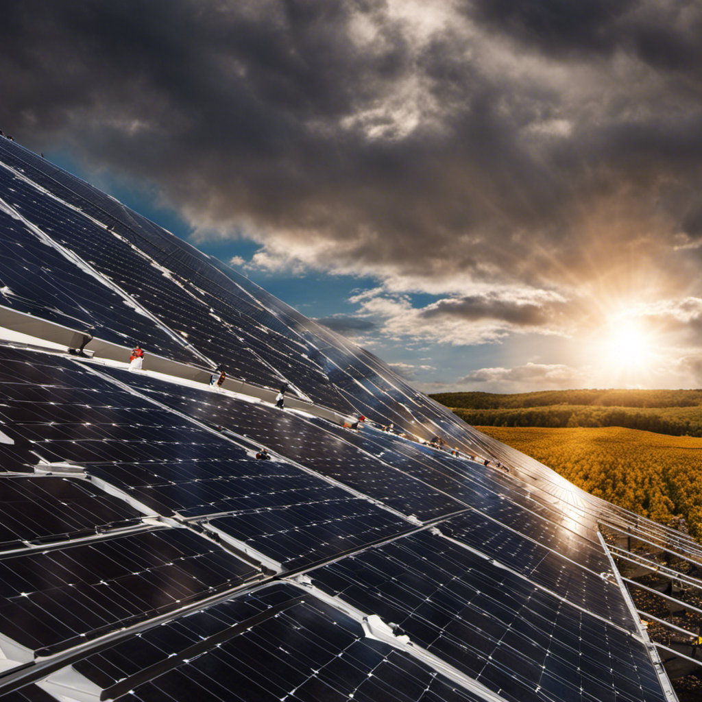 An image showcasing a bustling solar farm, with rows of gleaming solar panels stretching towards the horizon
