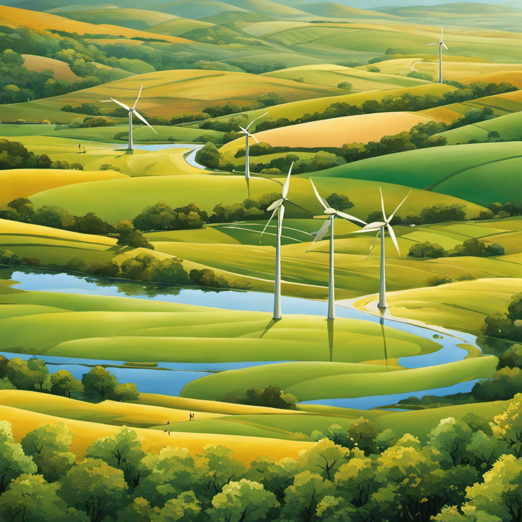 An image depicting a serene countryside landscape with rolling hills, dotted with towering wind turbines harmoniously blending into the surroundings