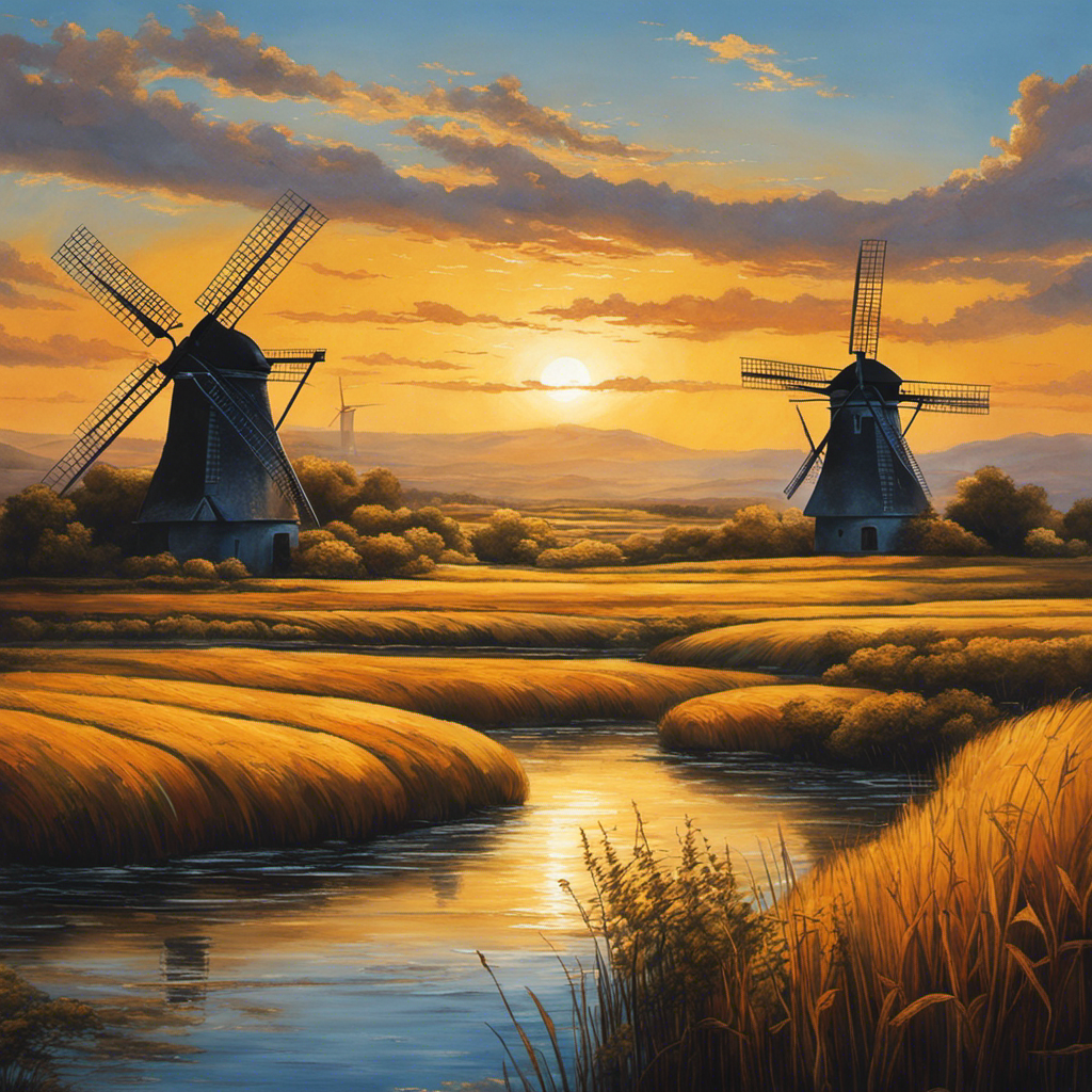 An image capturing the serenity of a vast, sun-kissed landscape adorned with sleek, towering windmills
