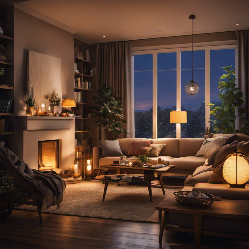 An image that depicts a cozy living room at dusk, softly lit by energy-efficient LED bulbs