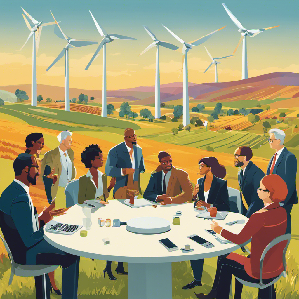 An image showing a diverse group of individuals engaging in a lively discussion around a roundtable, surrounded by wind turbines and solar panels, symbolizing the crucial role of public participation in shaping renewable energy policy
