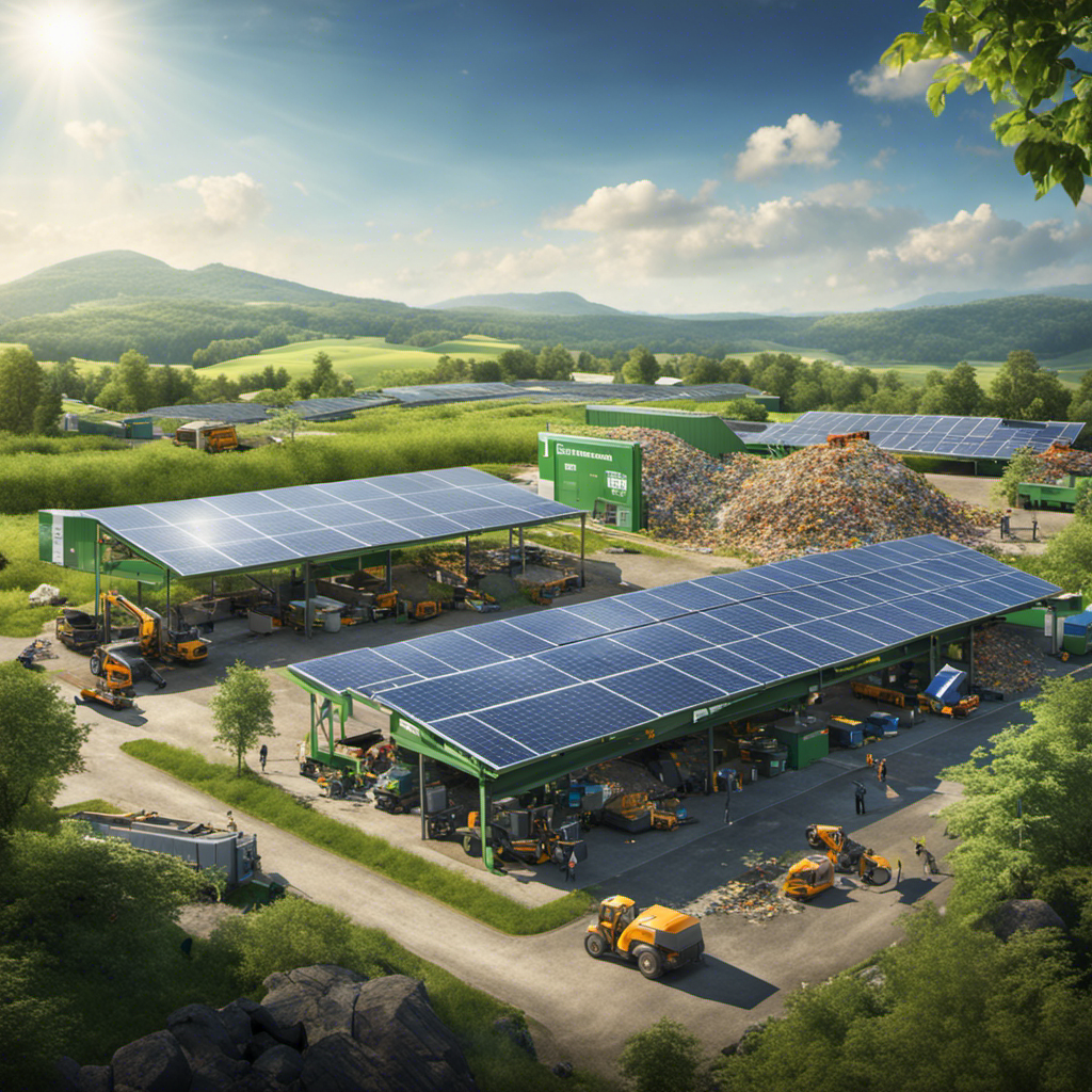An image that showcases a vibrant green landscape with a recycling center in the foreground, busy with workers dismantling solar panels, conveying the crucial message of responsible solar panel recycling and disposal