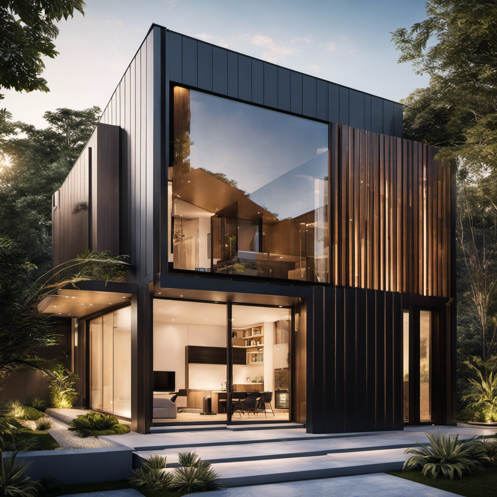 An image showcasing a contemporary smart home bathed in natural sunlight, as solar panels seamlessly blend with the sleek facade, symbolizing the harmonious convergence of solar power and smart home technology