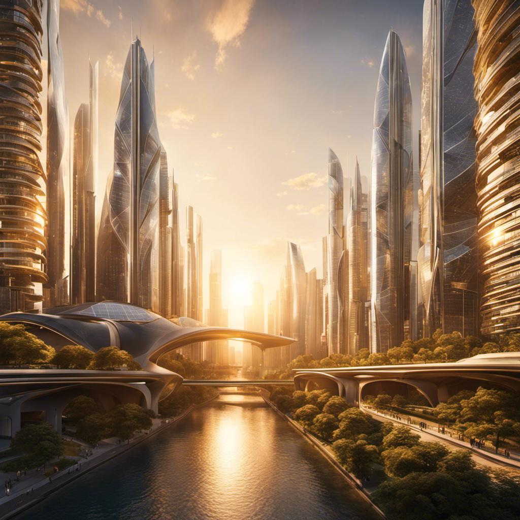 An image showcasing a futuristic cityscape, bathed in golden sunlight, with sleek, ultra-thin solar panels seamlessly integrated into every surface, from towering skyscrapers to electric vehicles, epitomizing the revolutionized solar technology of tomorrow