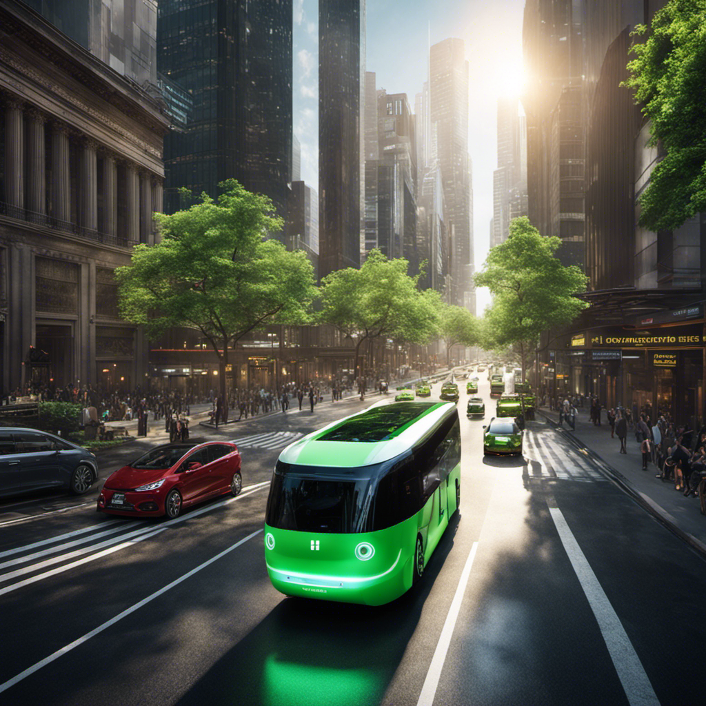 An image showcasing a bustling city street with sleek hydrogen-powered vehicles seamlessly gliding through traffic, emitting nothing but pure water vapor