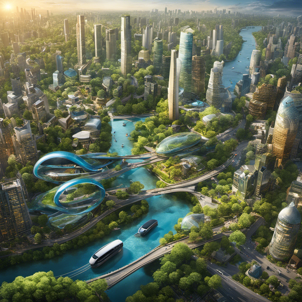 An image showcasing a bustling cityscape transformed into a vibrant ecosystem, with hydrogen fuel cell-powered vehicles silently gliding along tree-lined streets, wind turbines towering in the backdrop, and buildings adorned with lush green rooftops