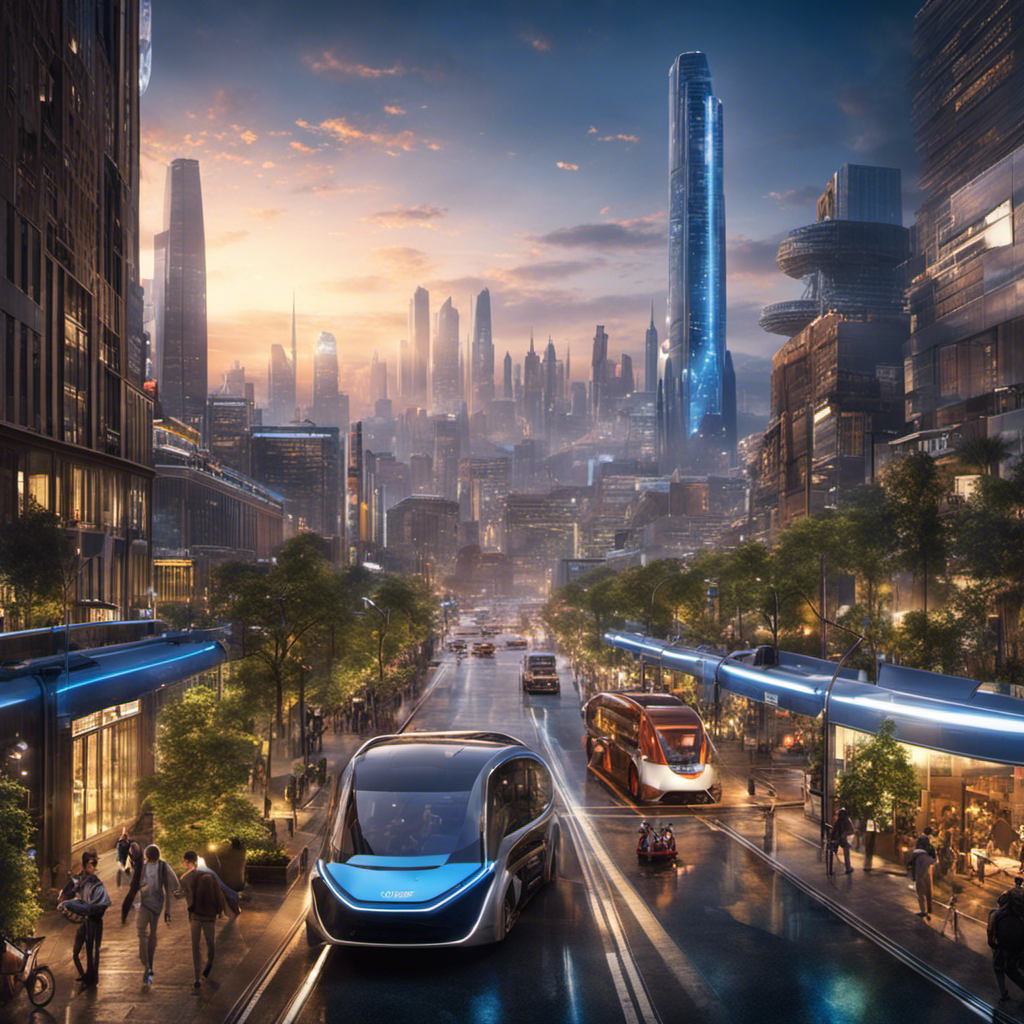 An image that showcases a bustling cityscape transformed by hydrogen fuel cell technology; futuristic vehicles silently gliding on clean streets, buildings adorned with renewable energy sources, and a vibrant, pollution-free atmosphere