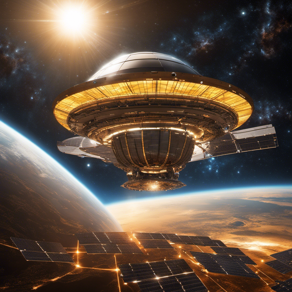 An image showcasing a vast, futuristic space station orbiting Earth, adorned with colossal solar panels capturing the radiant energy of the sun, symbolizing the boundless potential of space-based solar power