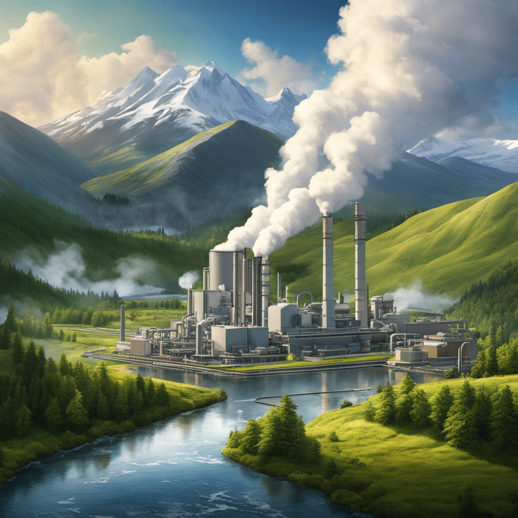 An image showcasing a vast geothermal power plant nestled amidst lush green landscapes, with towering steam vents billowing clouds against a backdrop of snow-capped mountains, highlighting the immense potential and diverse uses of geothermal energy