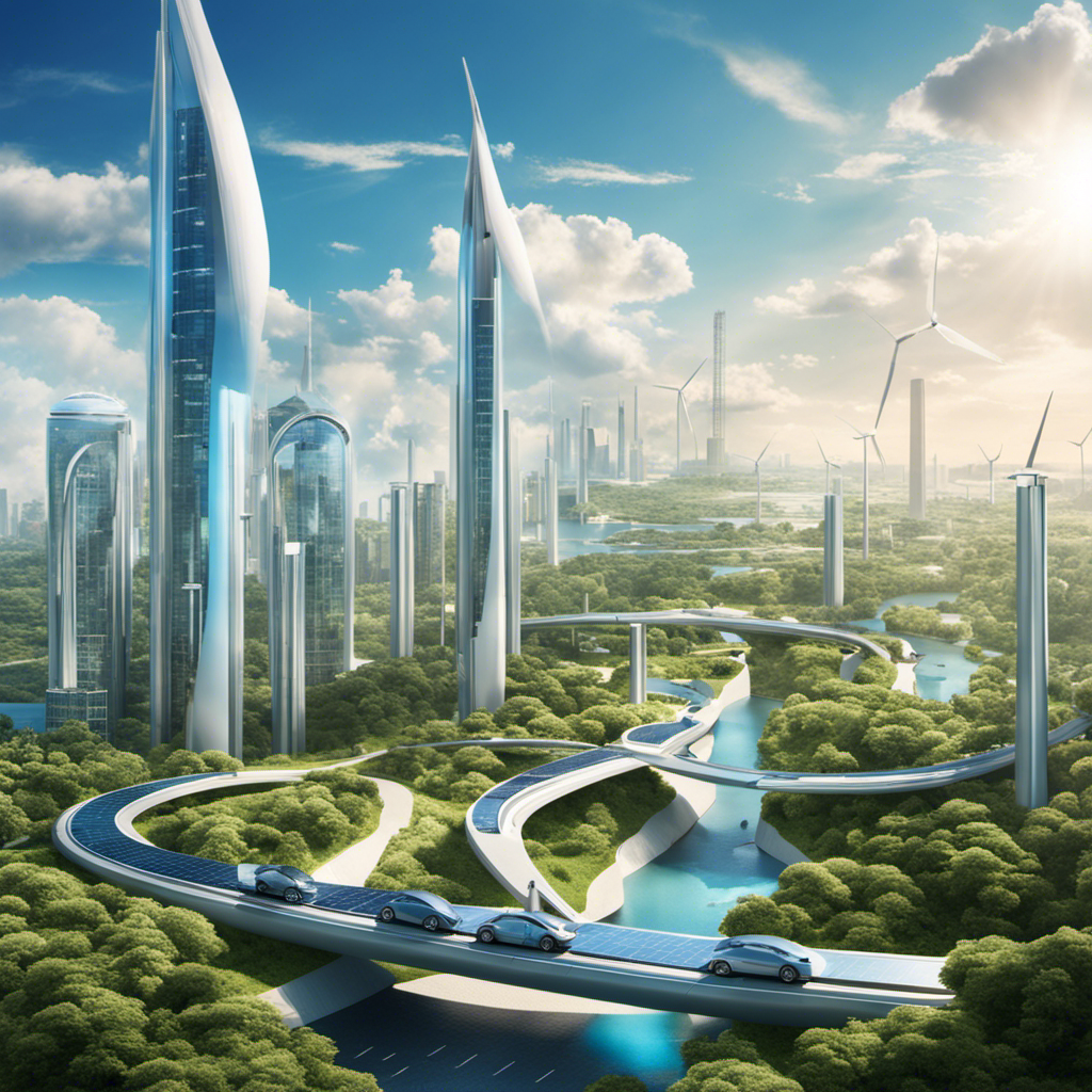 An image showcasing a futuristic cityscape with hydrogen-powered vehicles and buildings, surrounded by lush greenery