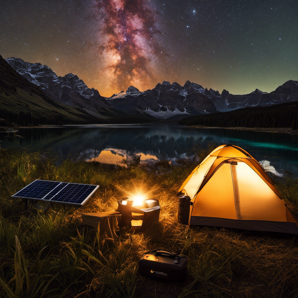 An image capturing the essence of portable solar generators: A serene camping scene with a compact solar generator effortlessly powering a tent, charging devices, and illuminating the surroundings, all under a vibrant starlit sky