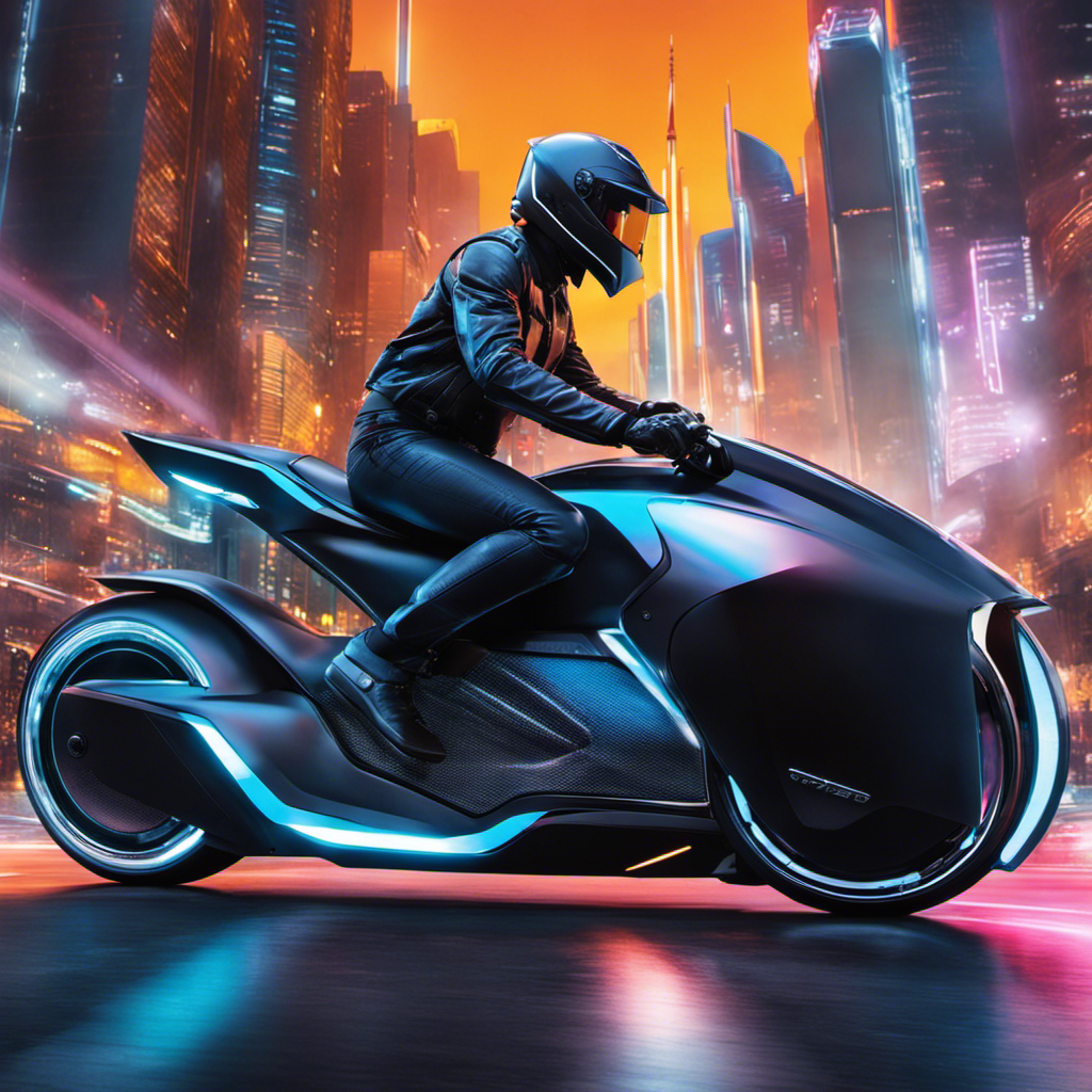 An image showcasing a sleek electric motorcycle gliding through a bustling cityscape, its aerodynamic design reflecting the vibrant lights and towering skyscrapers
