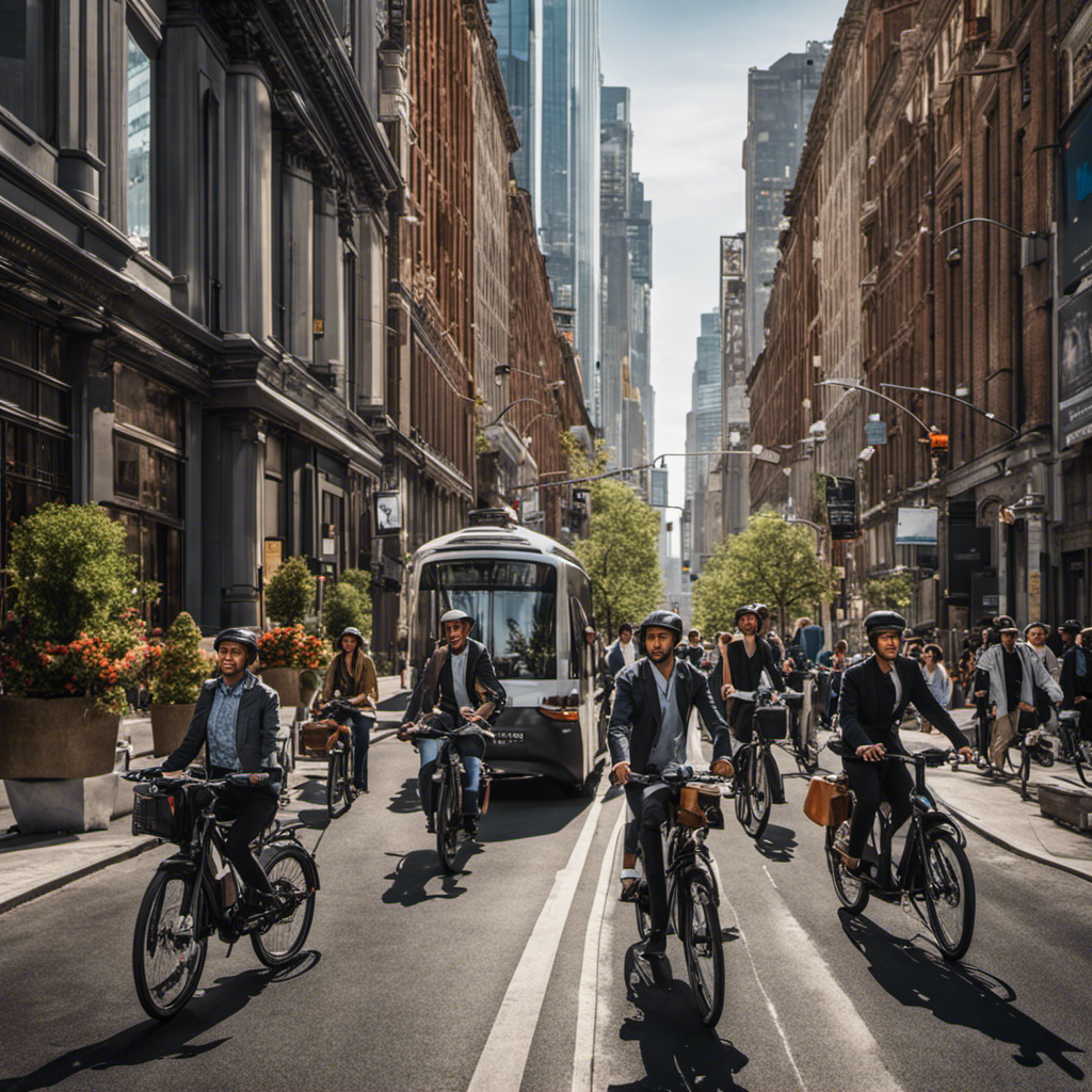 An image showcasing a bustling city street, with a diverse array of people effortlessly gliding on sleek e-bikes, weaving through traffic, and transforming urban mobility