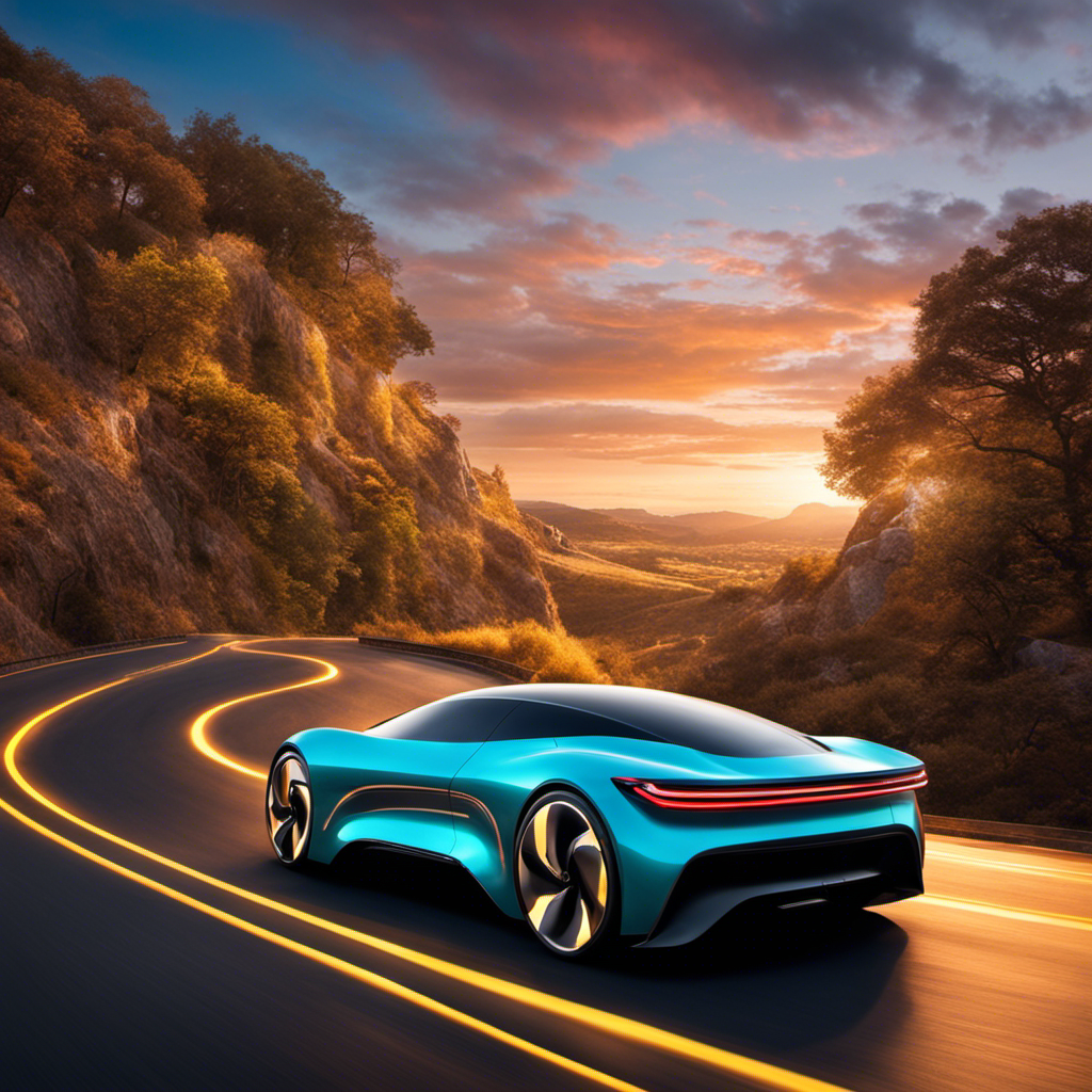 An image showcasing a sleek, modern electric car gliding effortlessly along a winding road, its vibrant battery illuminated, symbolizing the crucial role of batteries in powering the future of electric mobility