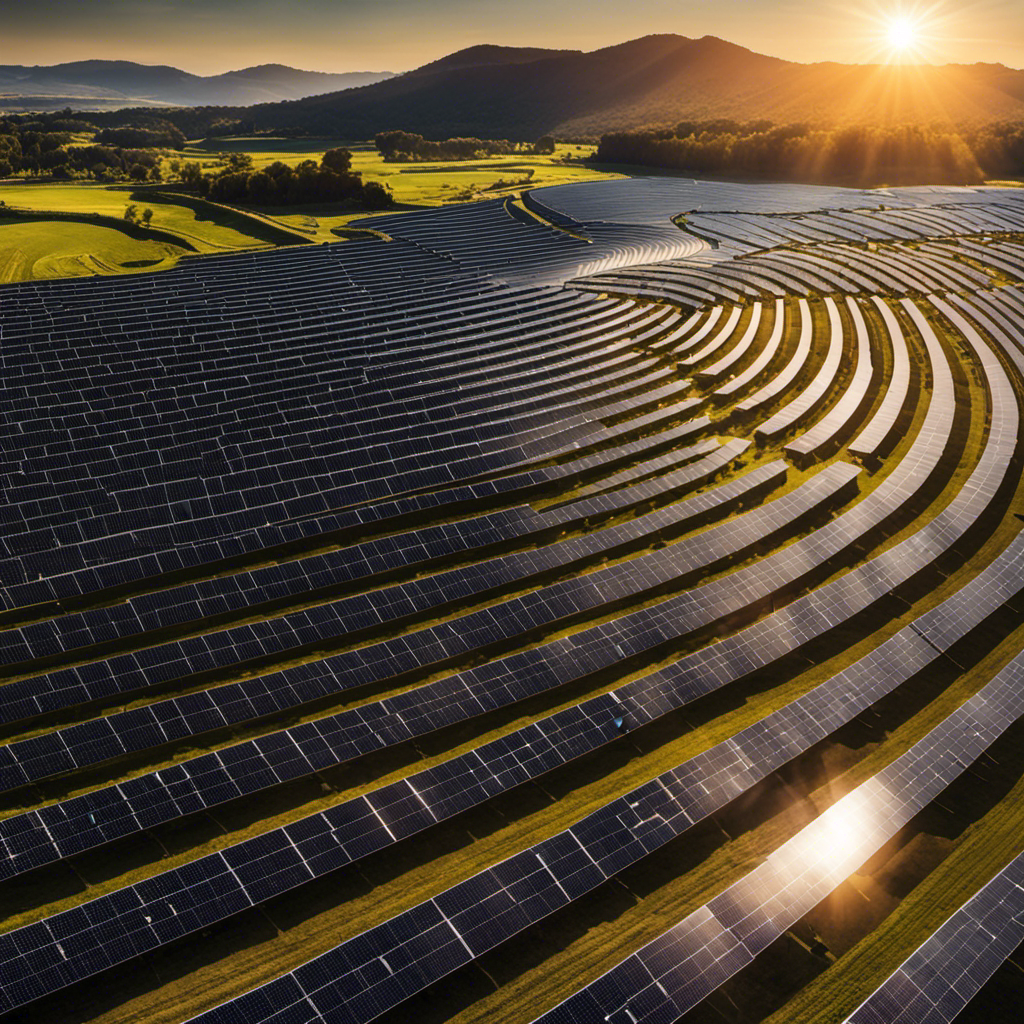 An image depicting a sprawling solar farm with rows of sleek, high-capacity battery storage units lining the landscape