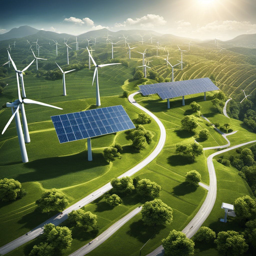 An image showcasing a modern power grid seamlessly linking renewable energy sources, such as wind turbines and solar panels, to various urban and rural settings, symbolizing the essential role of grid integration in a sustainable energy transition
