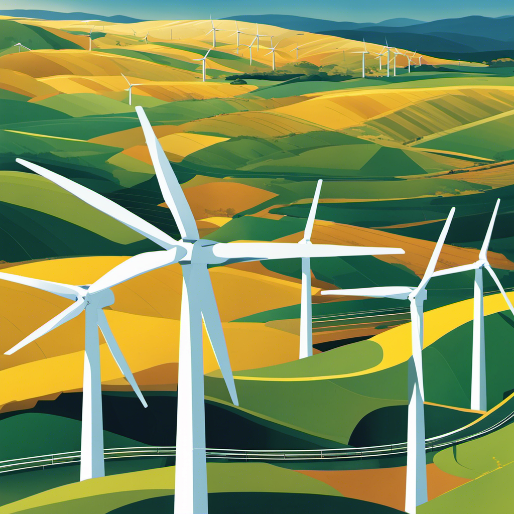 An image showcasing a vast wind farm with sleek turbines gracefully spinning against a backdrop of rolling hills, symbolizing the pivotal role of renewable energy in fostering sustainable development