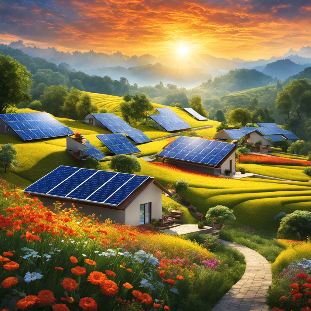 An image showcasing a vibrant, sun-drenched landscape with solar panels elegantly integrated into rooftops, capturing the harmonious coexistence of renewable energy and nature, symbolizing the crucial role of solar power in battling climate change