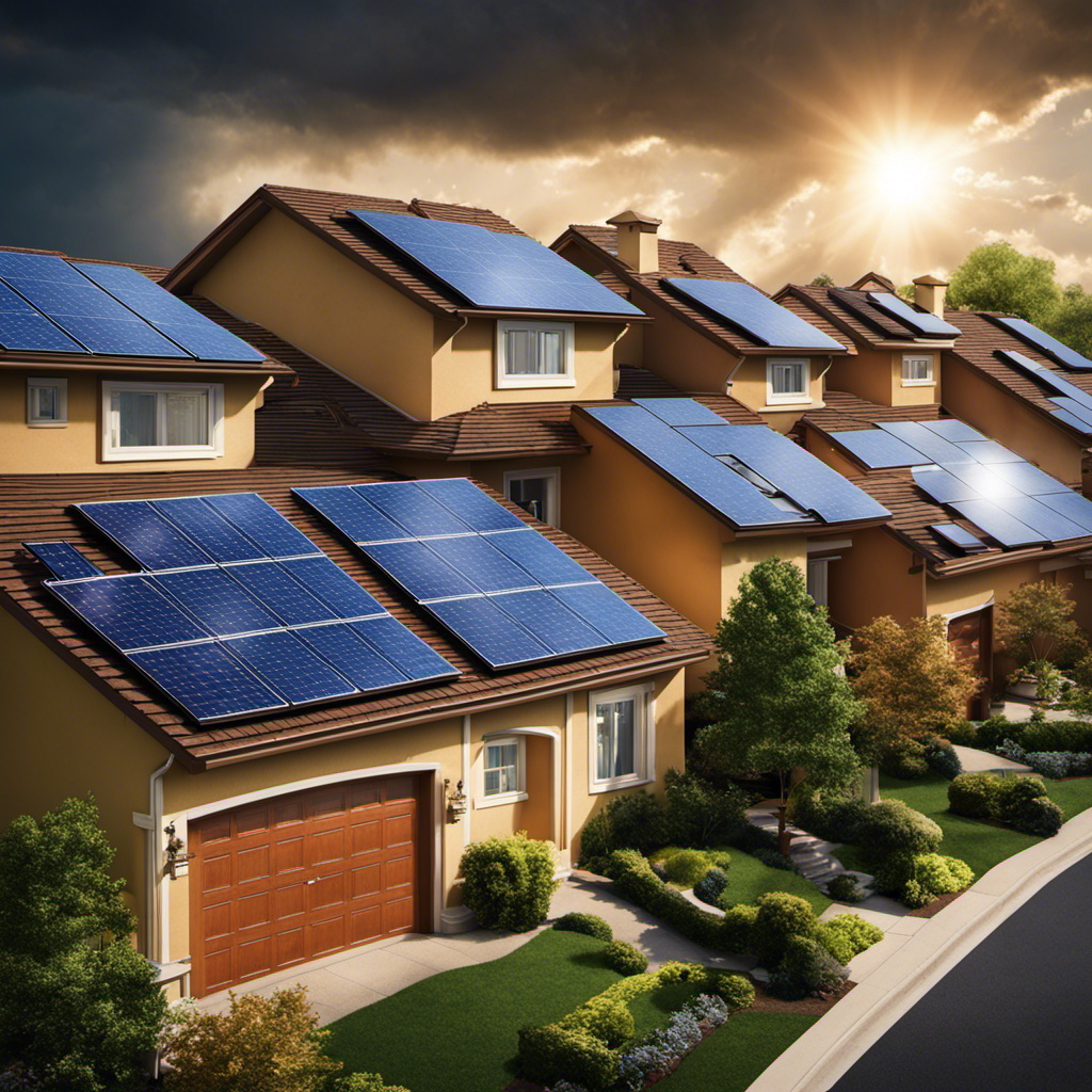 An image showcasing a suburban neighborhood with solar panels adorning rooftops, absorbing the sun's rays