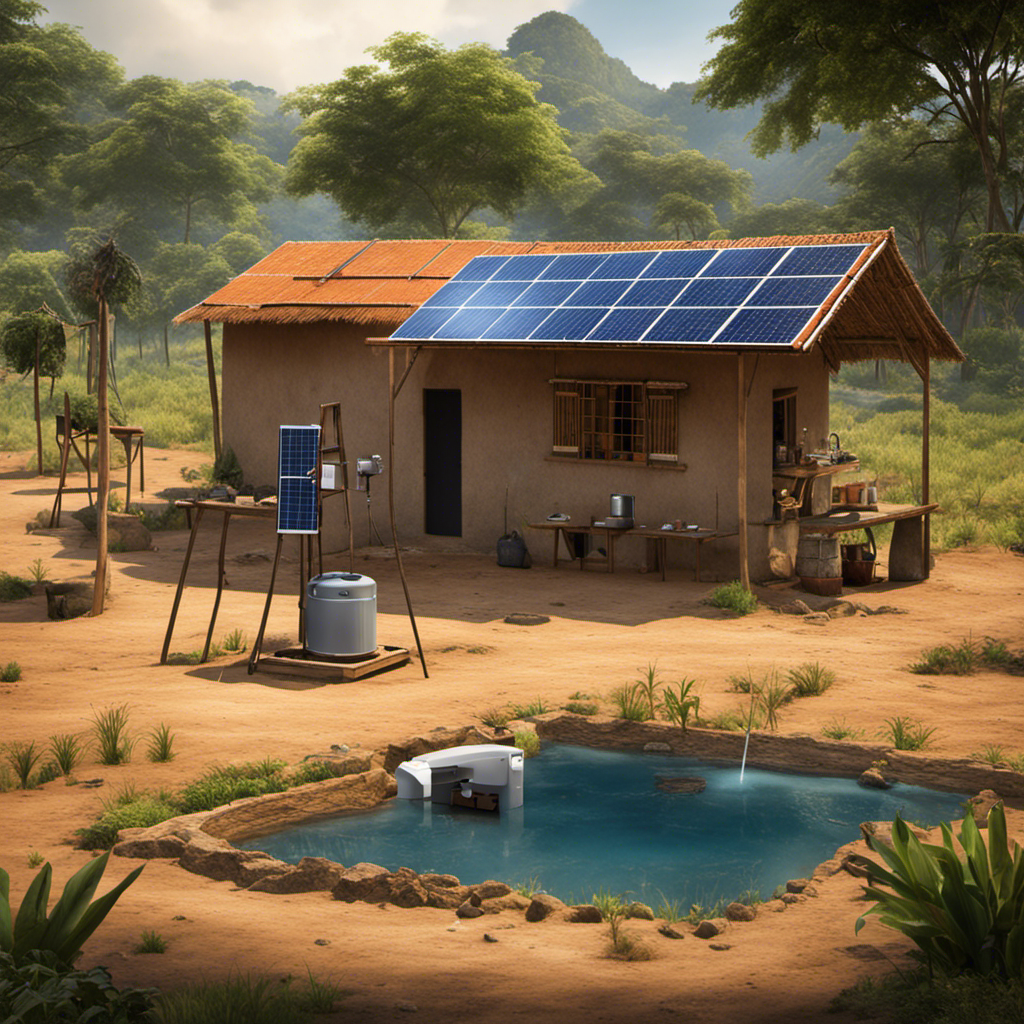 An image showcasing a remote village with solar-powered devices in action: a solar water pump providing clean water, a solar-powered refrigerator storing vaccines, and solar panels charging mobile phones for communication