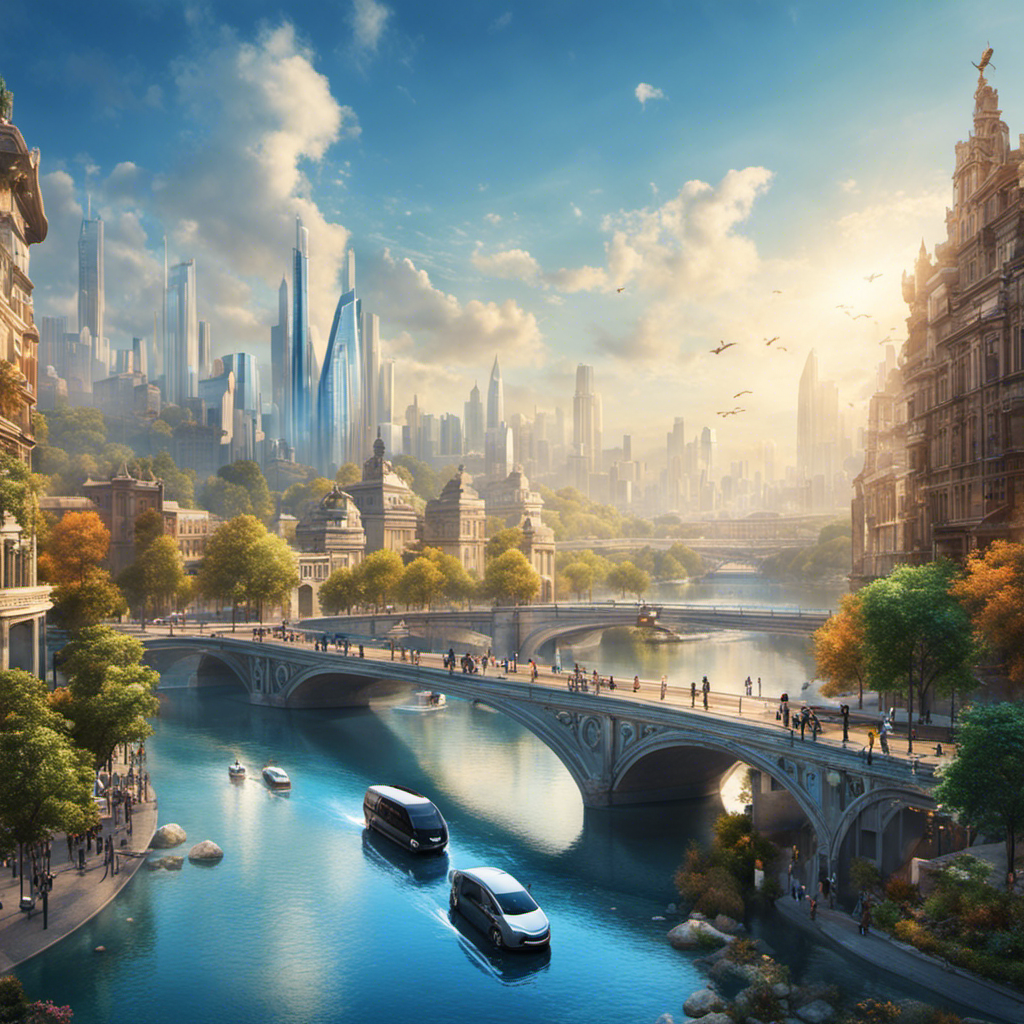An image showcasing a serene, pollution-free cityscape, with hydrogen-powered vehicles seamlessly gliding down vibrant streets