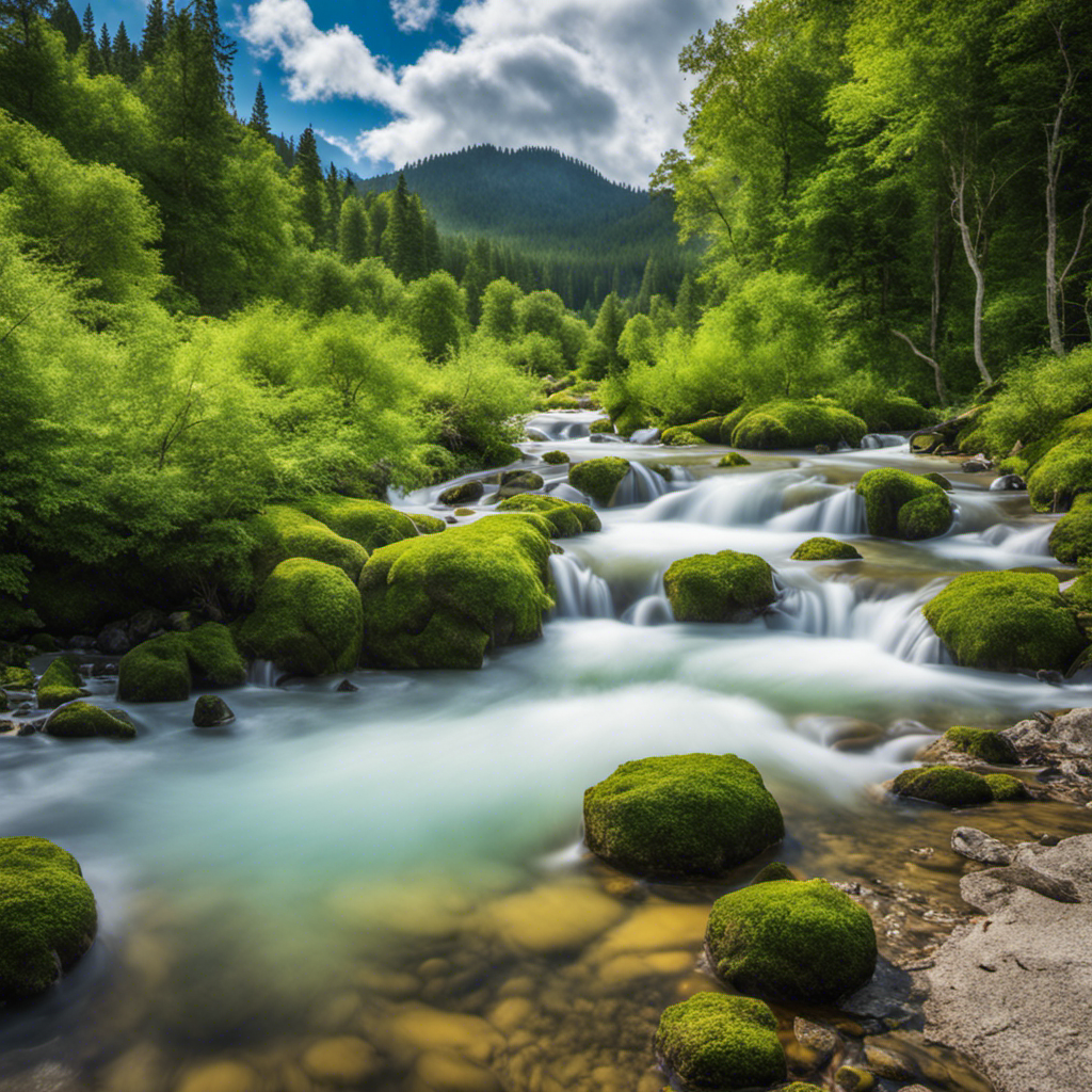 An image of a serene, shallow stream bed nestled amidst lush greenery, with wisps of steam rising from the surface