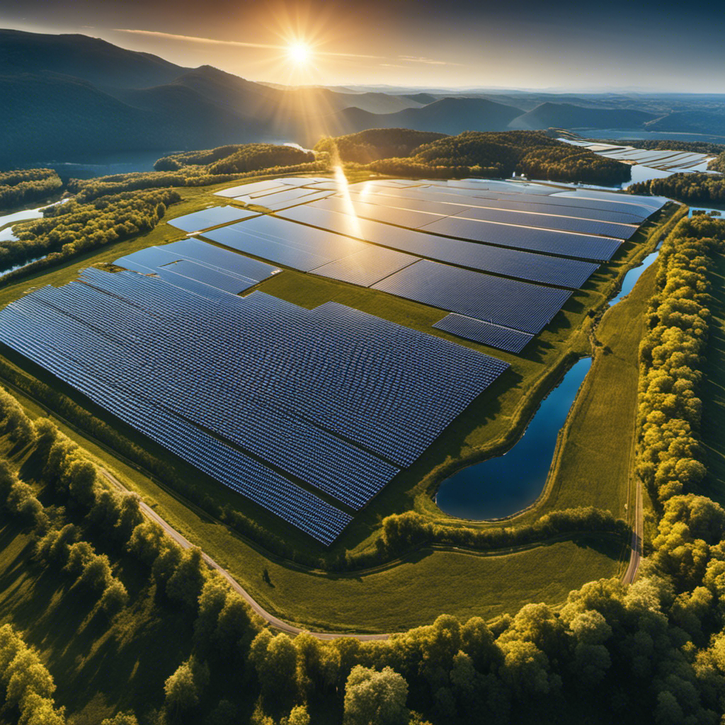 An image showcasing a sprawling solar farm, with rows upon rows of gleaming solar panels soaking up the sun's rays, casting shimmering reflections on a nearby lake, embodying the potential of the sun's biomass as a boundless, sustainable energy source