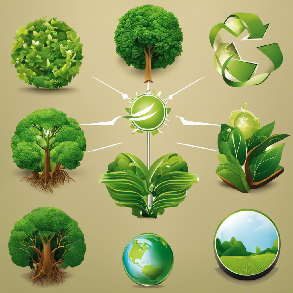 An image showcasing the six vital components of green product development: research, eco-friendly materials, energy-efficient manufacturing, recyclability, packaging reduction, and product lifecycle analysis