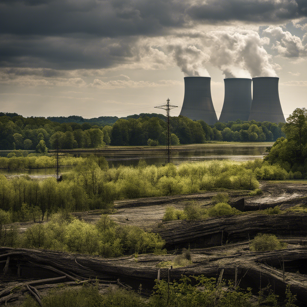 An image showing a desolate landscape near Three Mile Island, with a partially dismantled nuclear power plant looming in the background, evoking a sense of uncertainty and questioning the future of nuclear power