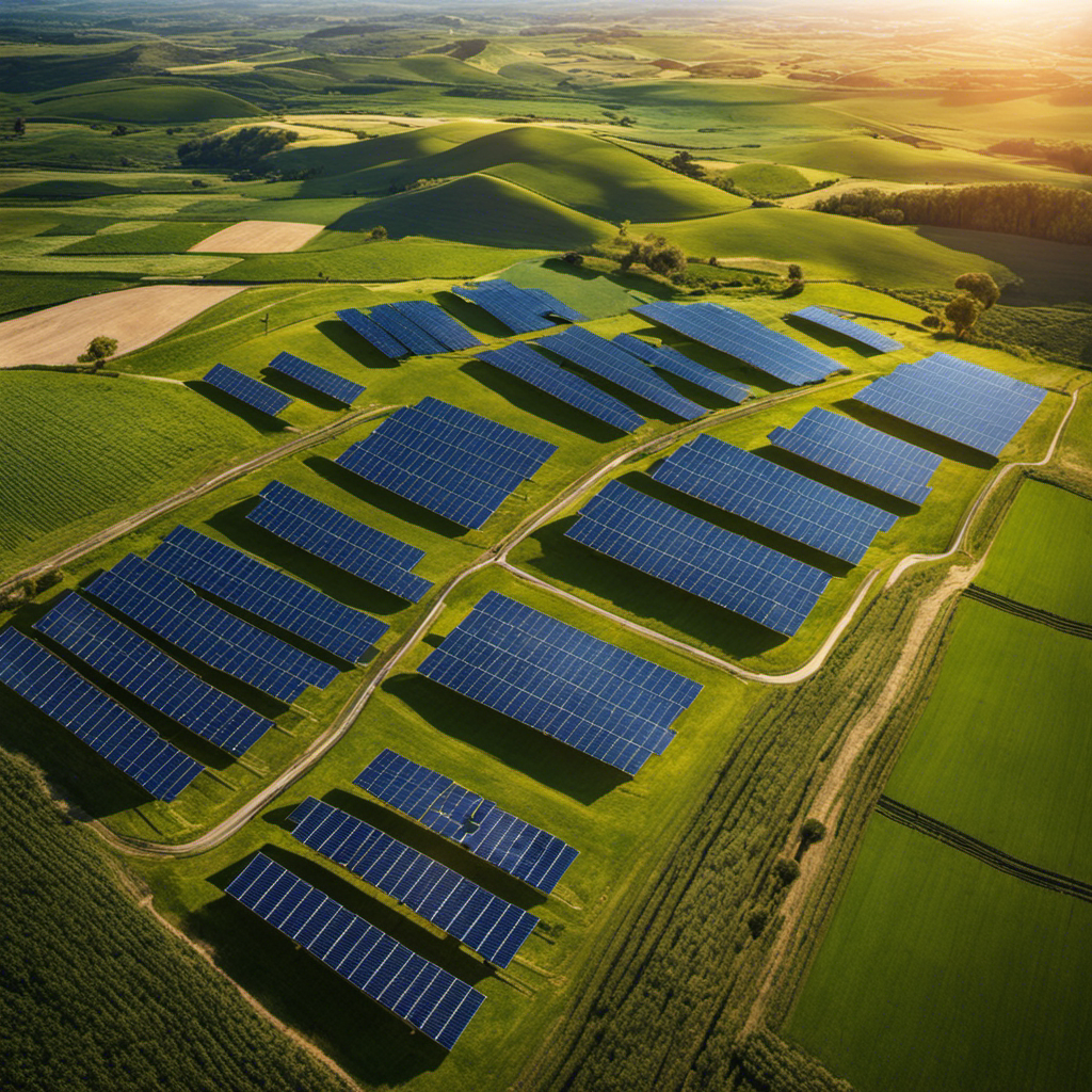 An image showcasing a sun-soaked landscape with vast fields of gleaming solar panels stretching as far as the eye can see