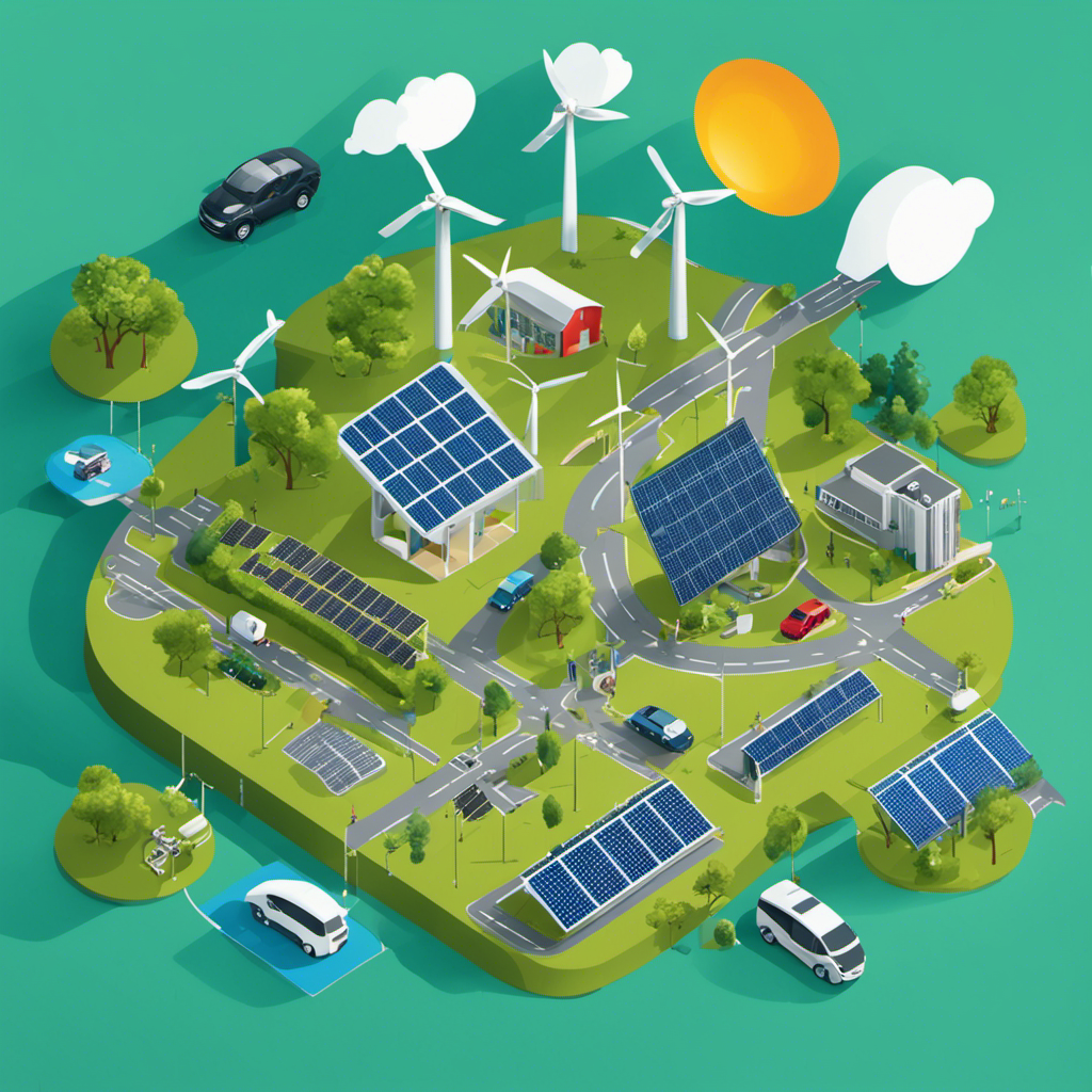 An image showcasing a diverse range of industries and sectors, symbolically represented by icons such as wind turbines, solar panels, green buildings, electric vehicles, recycling, and reforestation, emphasizing the top 10 climate change mitigation strategies for business leaders