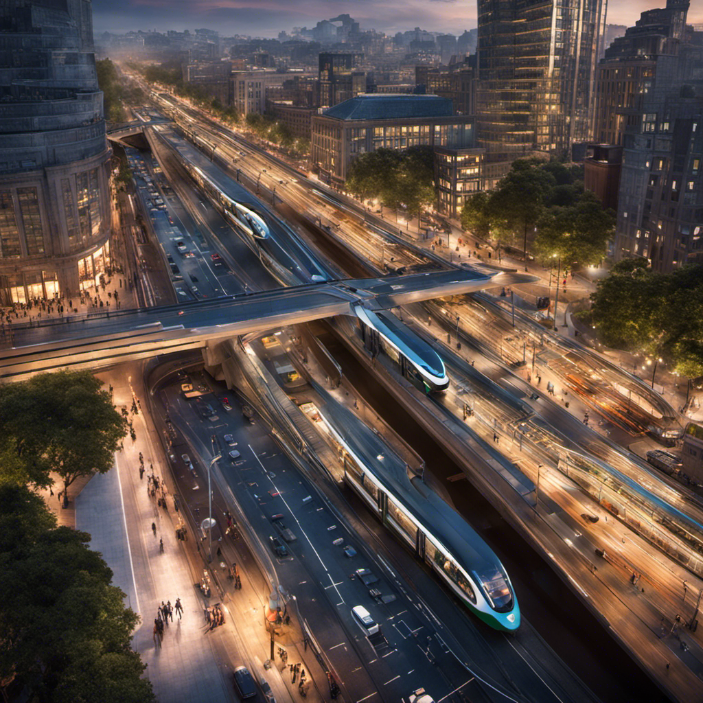 An image showcasing a diverse cityscape with a bustling transportation network, featuring elements like buses, trains, and bicycles