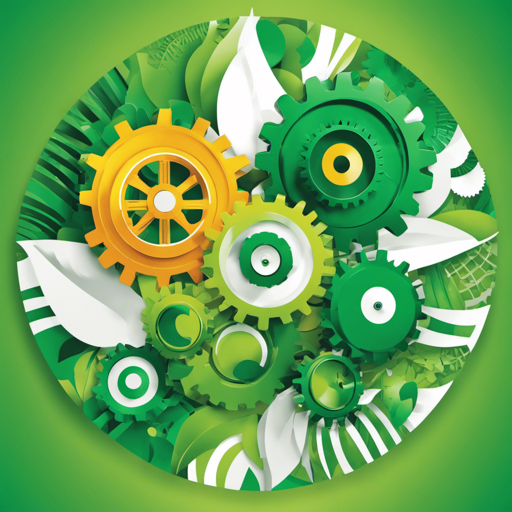 An image showcasing a vibrant ecosystem with seven interconnected gears, each representing a factor powering green product development