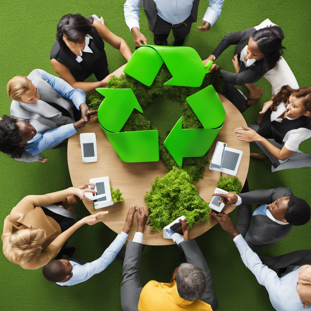 An image showcasing a diverse group of employees engaged in eco-friendly practices, such as recycling, using renewable energy, and participating in team-building activities, symbolizing the essential elements of sustainable business leadership