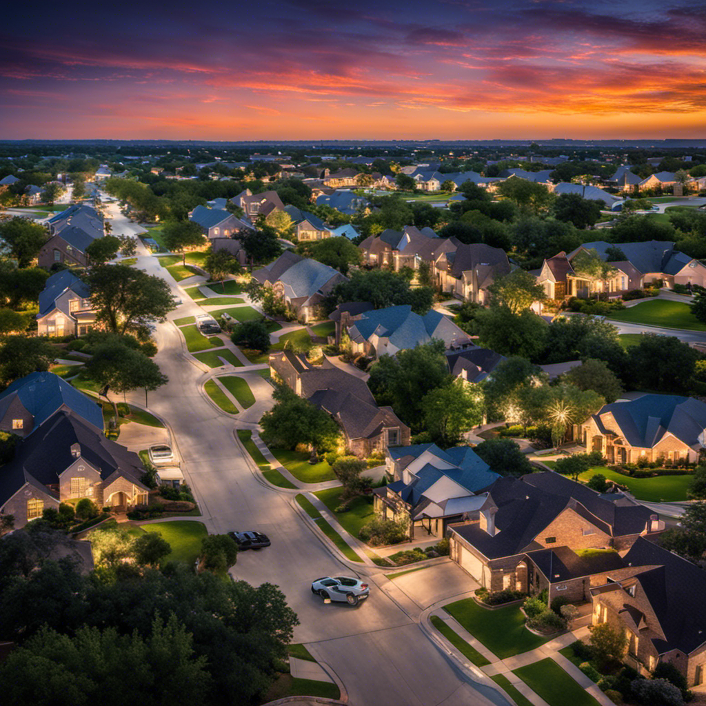 An image showcasing a bustling Texas neighborhood, with diverse homes and businesses illuminated by vibrant electric lights