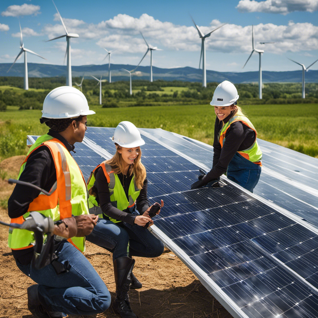 An image showcasing a diverse group of individuals engaged in hands-on training, surrounded by wind turbines and solar panels