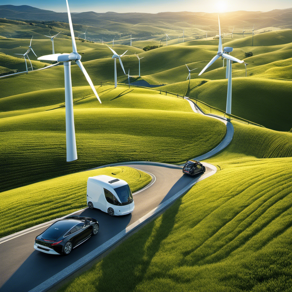 An image showcasing a vast landscape with wind turbines gracefully spinning atop rolling hills, solar panels glistening under a clear blue sky, and electric vehicles zooming by on a bustling city street