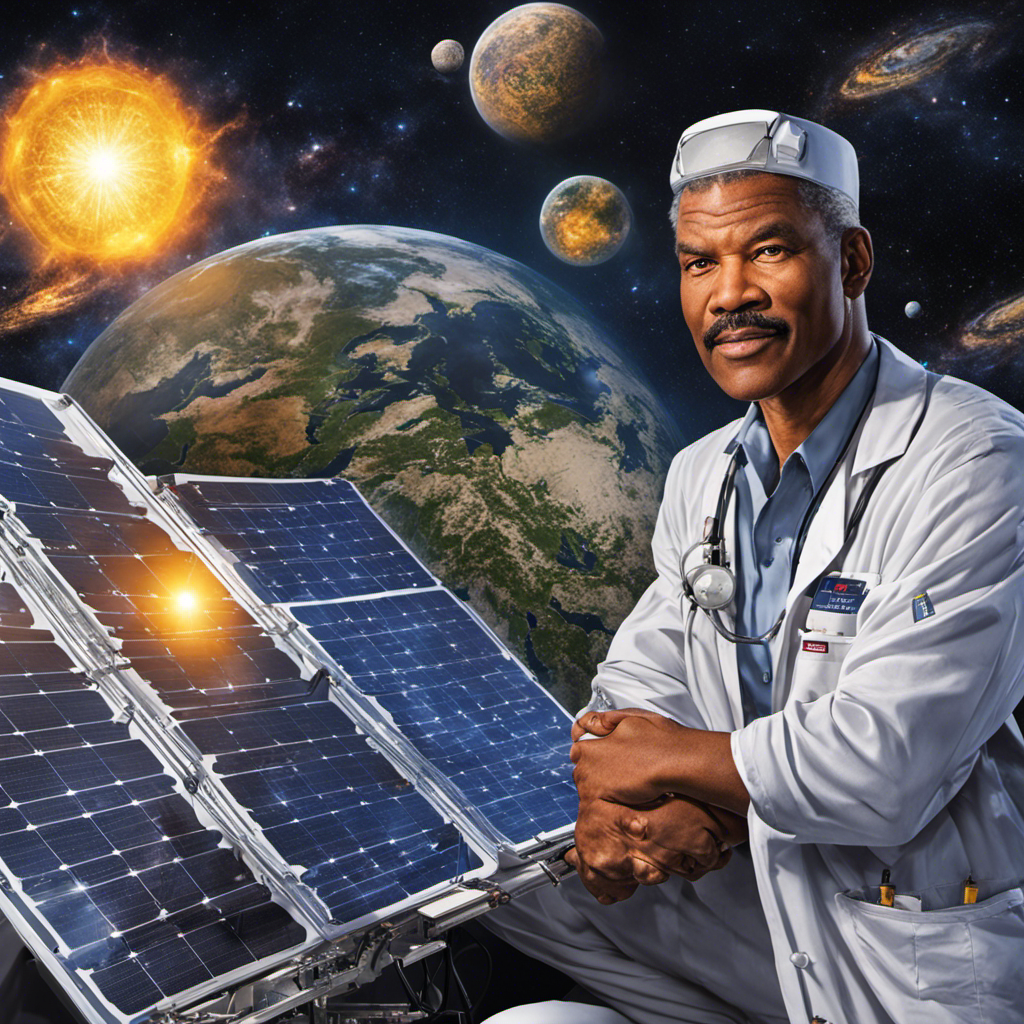 An image showcasing Tyson surrounded by a diverse group of renowned scientists, holding solar panels, analyzing data, and engaged in lively discussions, emphasizing their expertise and credibility in the field of solar energy research