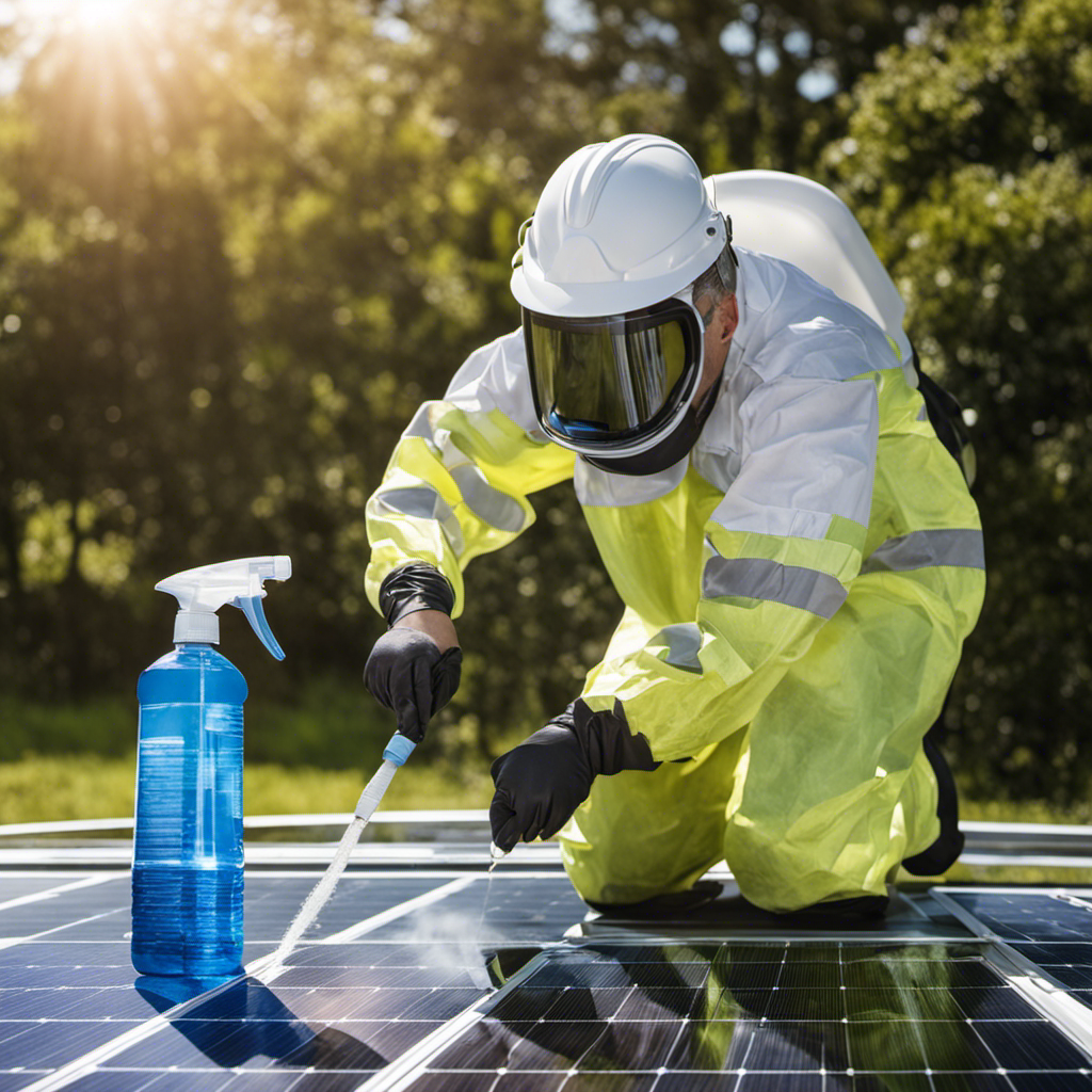 An image showcasing a person in protective gear using a soft microfiber cloth to gently wipe the dust off a solar panel, with a spray bottle of distilled water nearby for safe and effective cleaning