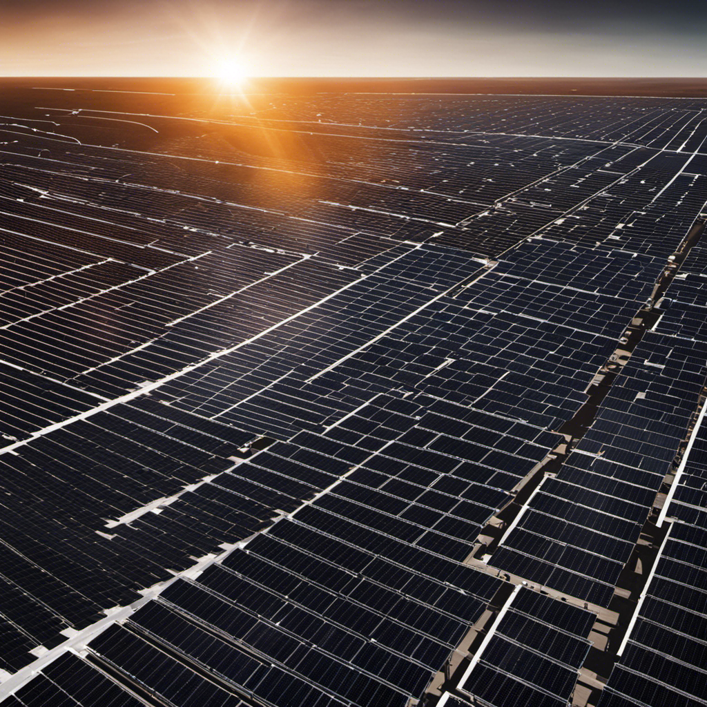 An image showcasing a vast solar farm with rows of sleek, high-efficiency panels stretching towards the horizon