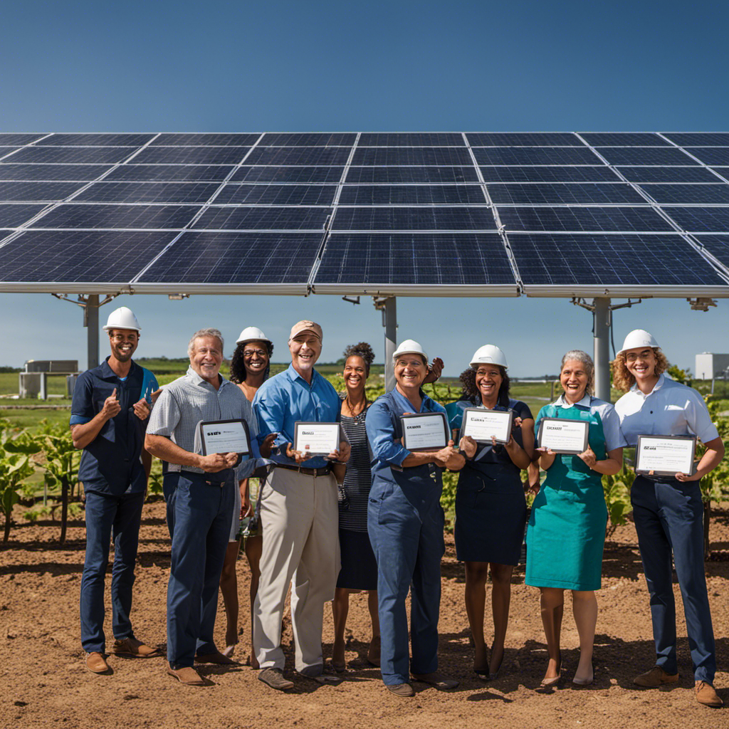 An image showcasing a diverse group of satisfied solar farm customers, standing in front of rows of gleaming solar panels, with radiant smiles, and holding up signs expressing their positive experiences