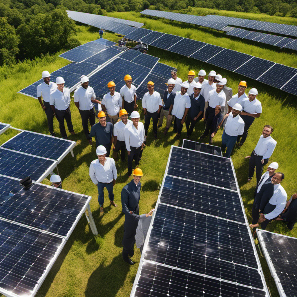An image showcasing a diverse group of individuals, each holding a solar panel, smiling and providing enthusiastic testimonials, set against a backdrop of lush green solar farms with state-of-the-art solar technology