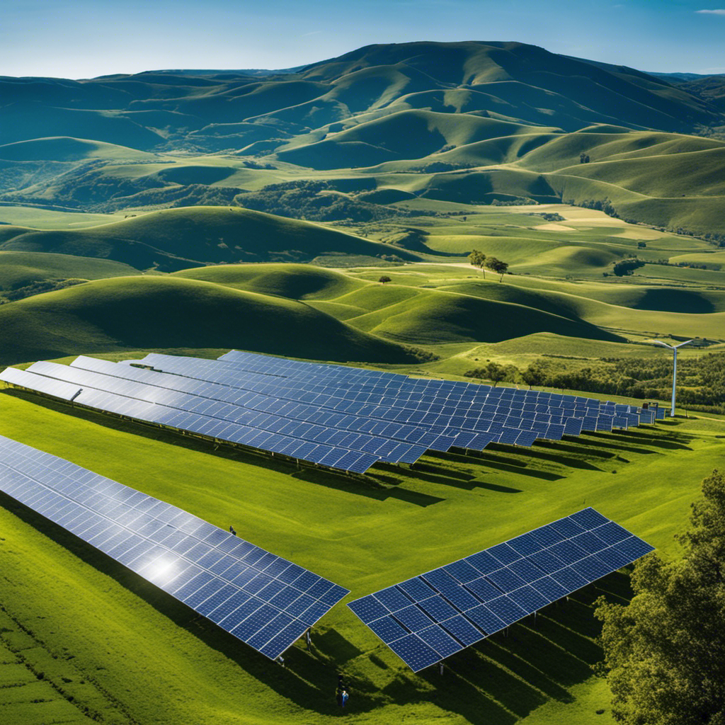 An image showcasing a vast solar farm stretching across rolling hills, its gleaming panels harnessing the sun's power