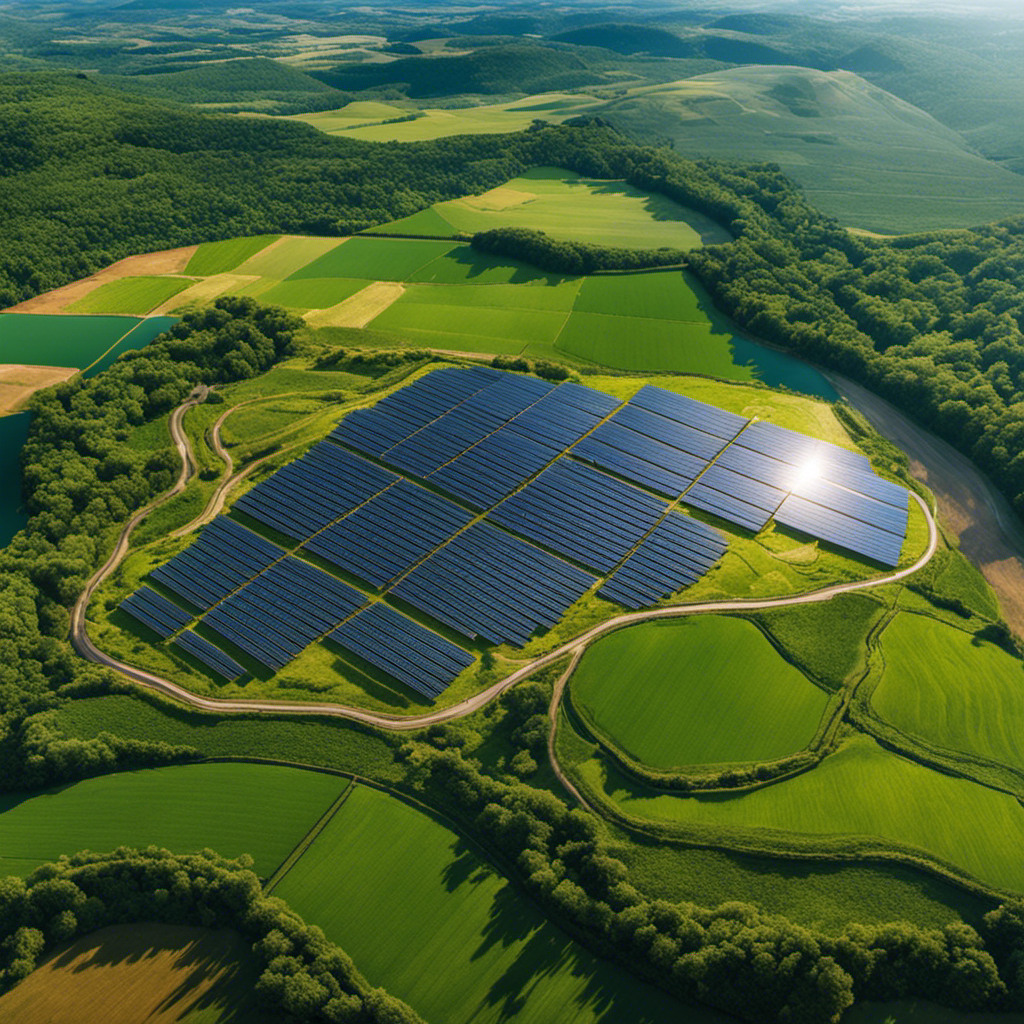 An image showcasing a sprawling solar farm amidst lush green fields, surrounded by diverse wildlife habitats, highlighting its minimal environmental impact